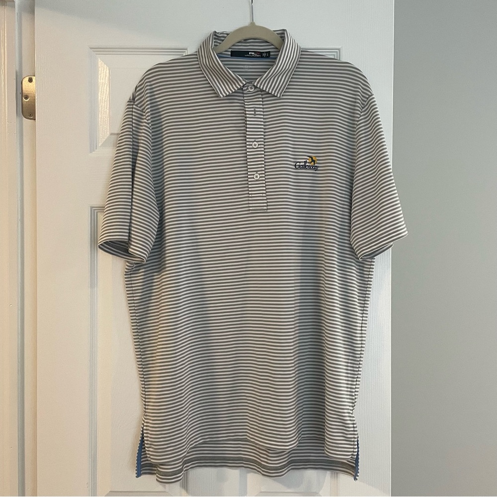 Men’s Gray and White striped Ralph Lauren Golf Polo